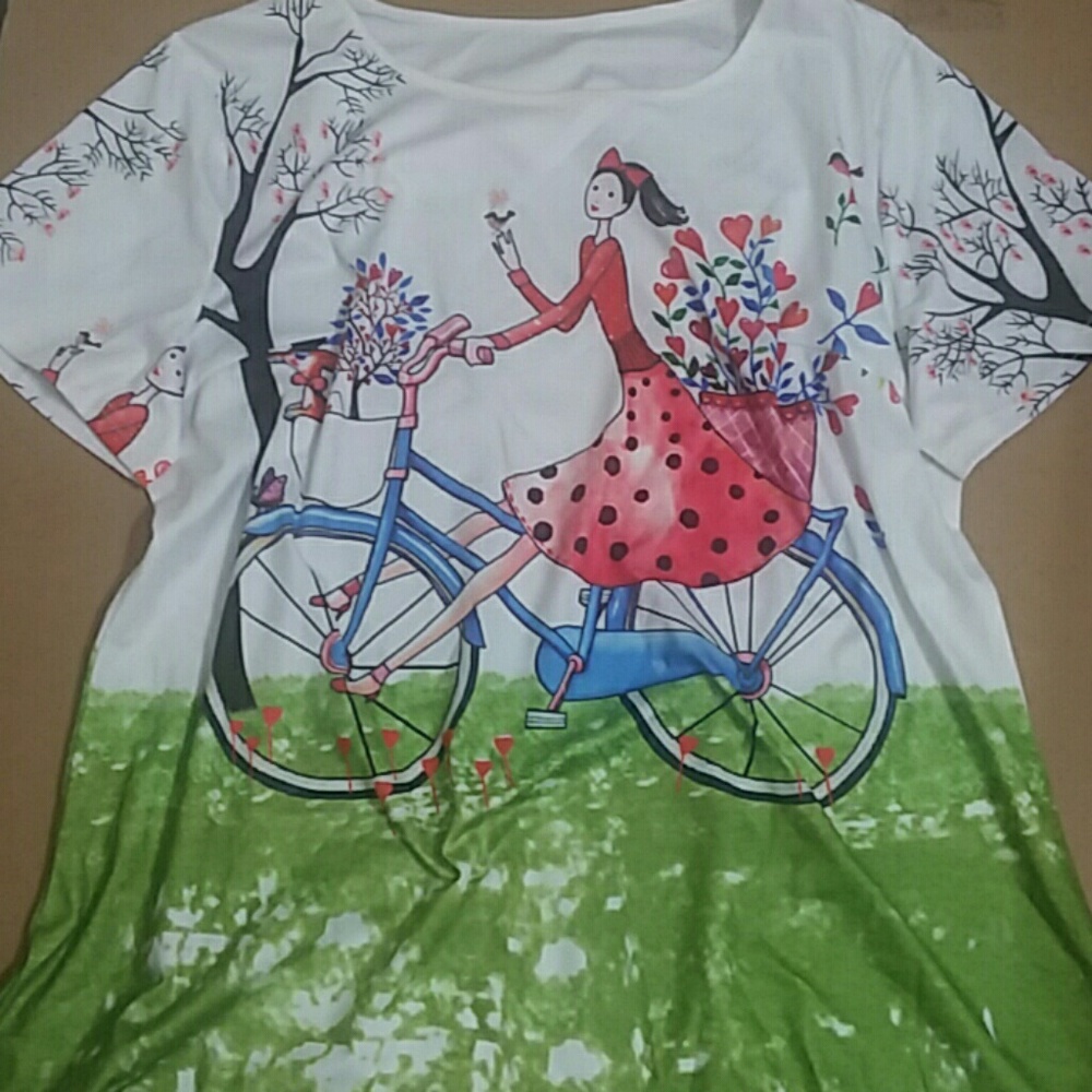 Quirky tee, girl riding bicycle w/hearts, flowers - Picture 1 of 6